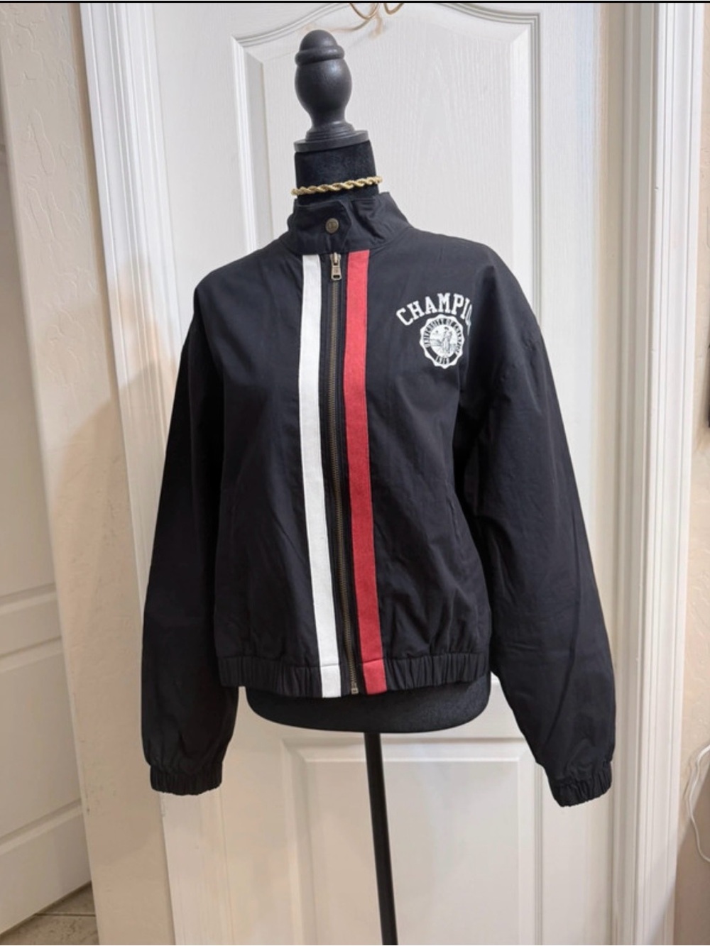 Champion Black Zip Jacket with Red and White Racing Stripes